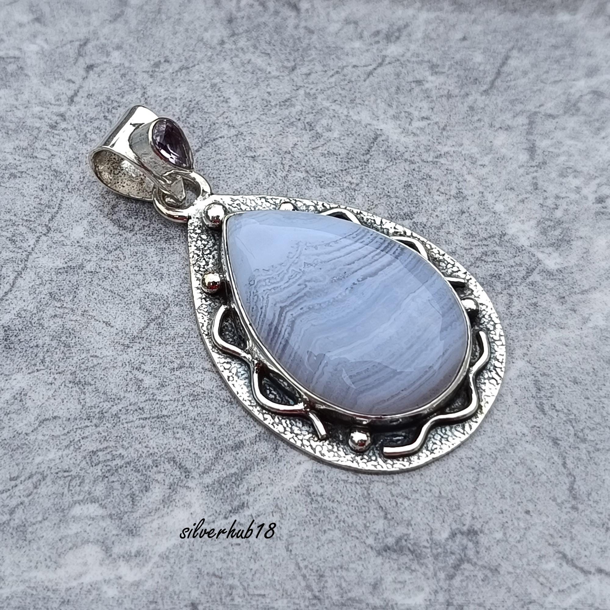 Blue Lace Agate 925 Sterling Silver Pendant Necklace - Boho Charm