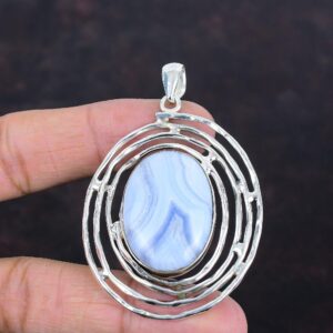 Blue Lace Agate 925 Sterling Silver Pendant - Handmade Healing Stone Jewelry Blue Lace Agate 925 Sterling Silver Pendant - Handmade Healing Stone Jewelry