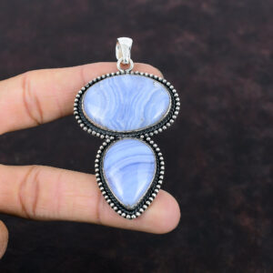 Blue Lace Agate 925 Sterling Silver Pendant - Handmade Vintage Jewelry Blue Lace Agate 925 Sterling Silver Pendant - Handmade Vintage Jewelry