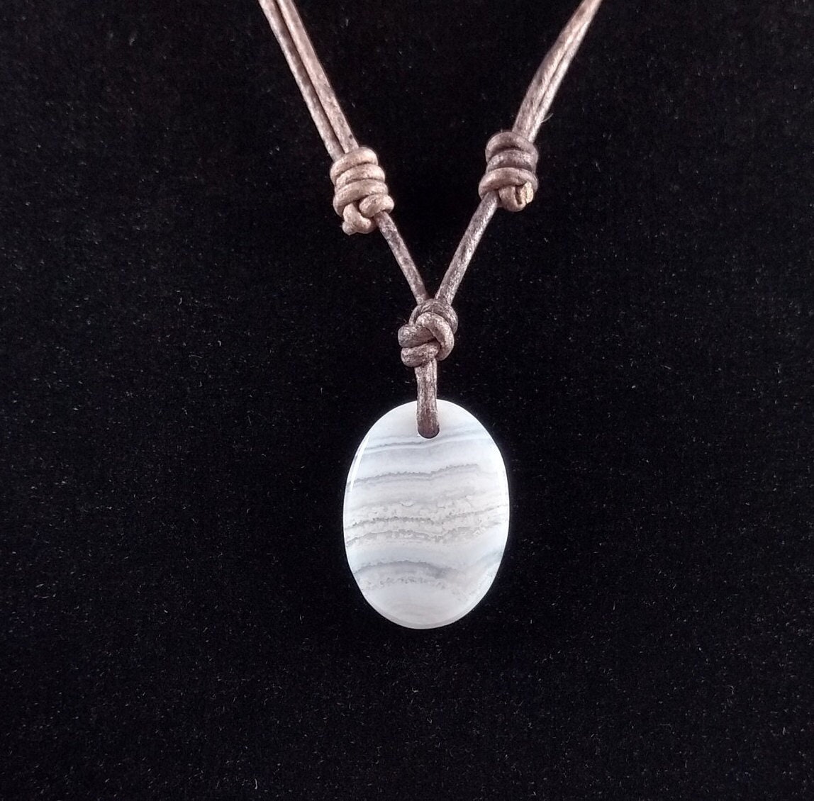 Blue Lace Agate Pendant Adjustable Leather Necklace Handmade By Chris Hay