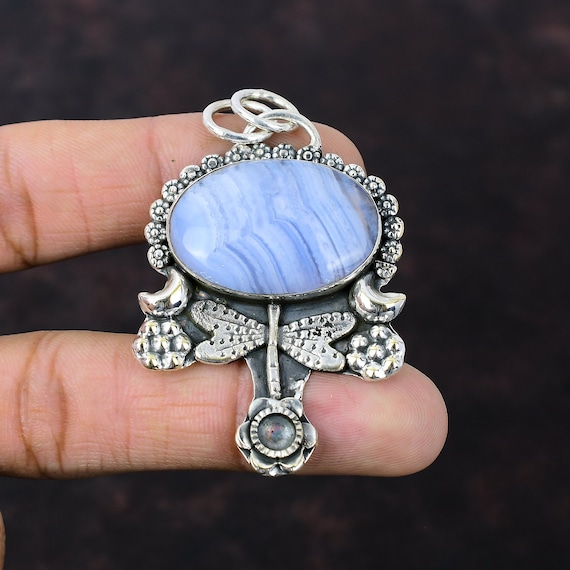 Blue Lace Agate Dragonfly Pendant: Handmade Sterling Silver Jewelry