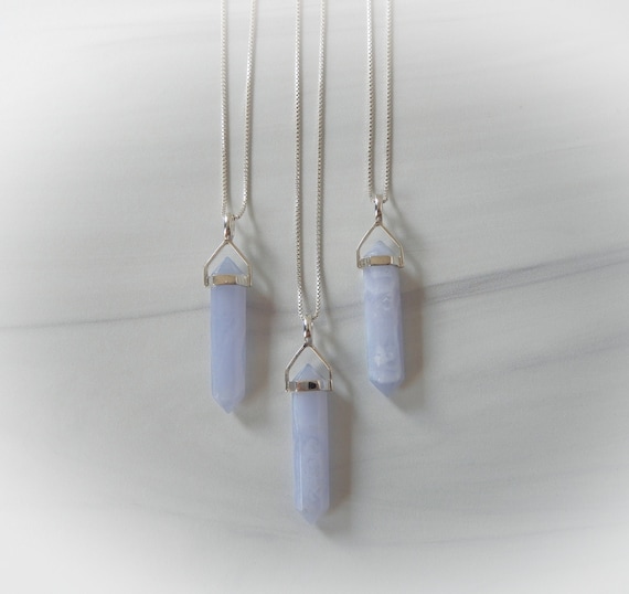 Blue Lace Gemstone Necklace Sterling Silver • Genuine Blue Lace Agate • Blue Lace Agate Point Necklace • Sterling Blue Lace Agate Pendant