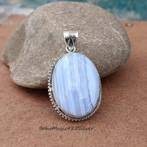 Handmade Blue Lace Agate Pendant: 925 Sterling Silver Necklace Handmade Blue Lace Agate Pendant: 925 Sterling Silver Necklace