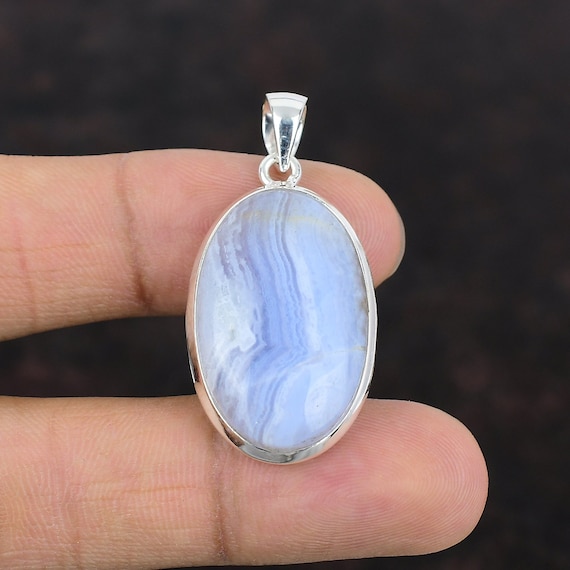 Blue Lace Agate Pendant: Handmade 925 Sterling Silver Gemstone Jewelry