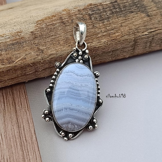 Handmade Blue Lace Agate 925 Sterling Silver Pendant