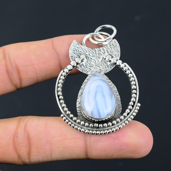 Handmade Pear Blue Lace Agate Pendant: 925 Sterling Silver