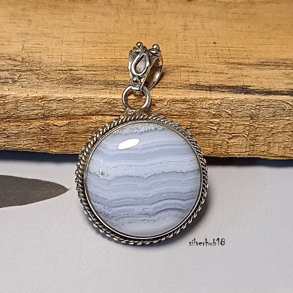 Blue Lace Agate Pendant: Handmade 925 Sterling Silver Boho Necklace