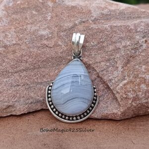 Handmade Blue Lace Agate Pendant: Sterling Silver Boho Jewelry Handmade Blue Lace Agate Pendant: Sterling Silver Boho Jewelry