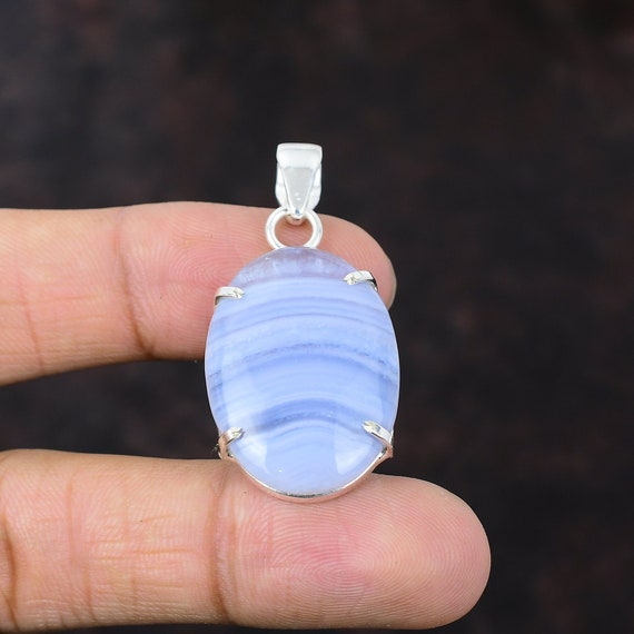 Blue Lace Agate Pendant: Handmade 925 Sterling Silver Gemstone Jewelry Blue Lace Agate Pendant: Handmade 925 Sterling Silver Gemstone Jewelry
