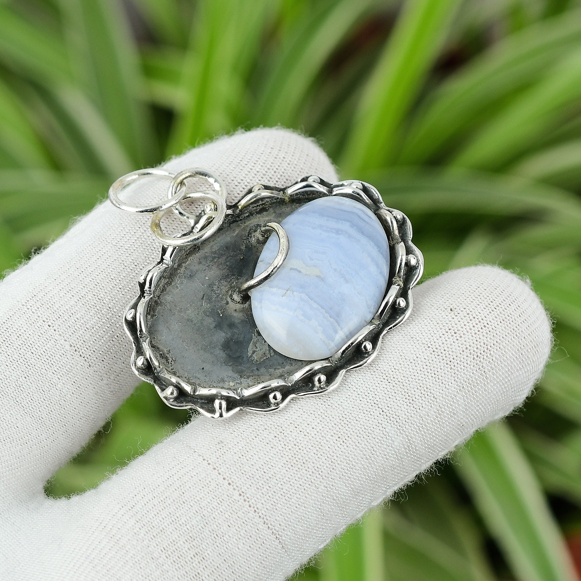 Blue Lace Agate Pendant: Handmade 925 Sterling Silver, Modern Style