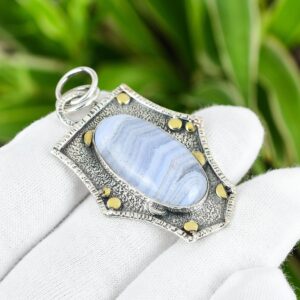 Handmade Blue Lace Agate Pendant: 925 Sterling Silver, 18K Gold Plated Handmade Blue Lace Agate Pendant: 925 Sterling Silver, 18K Gold Plated