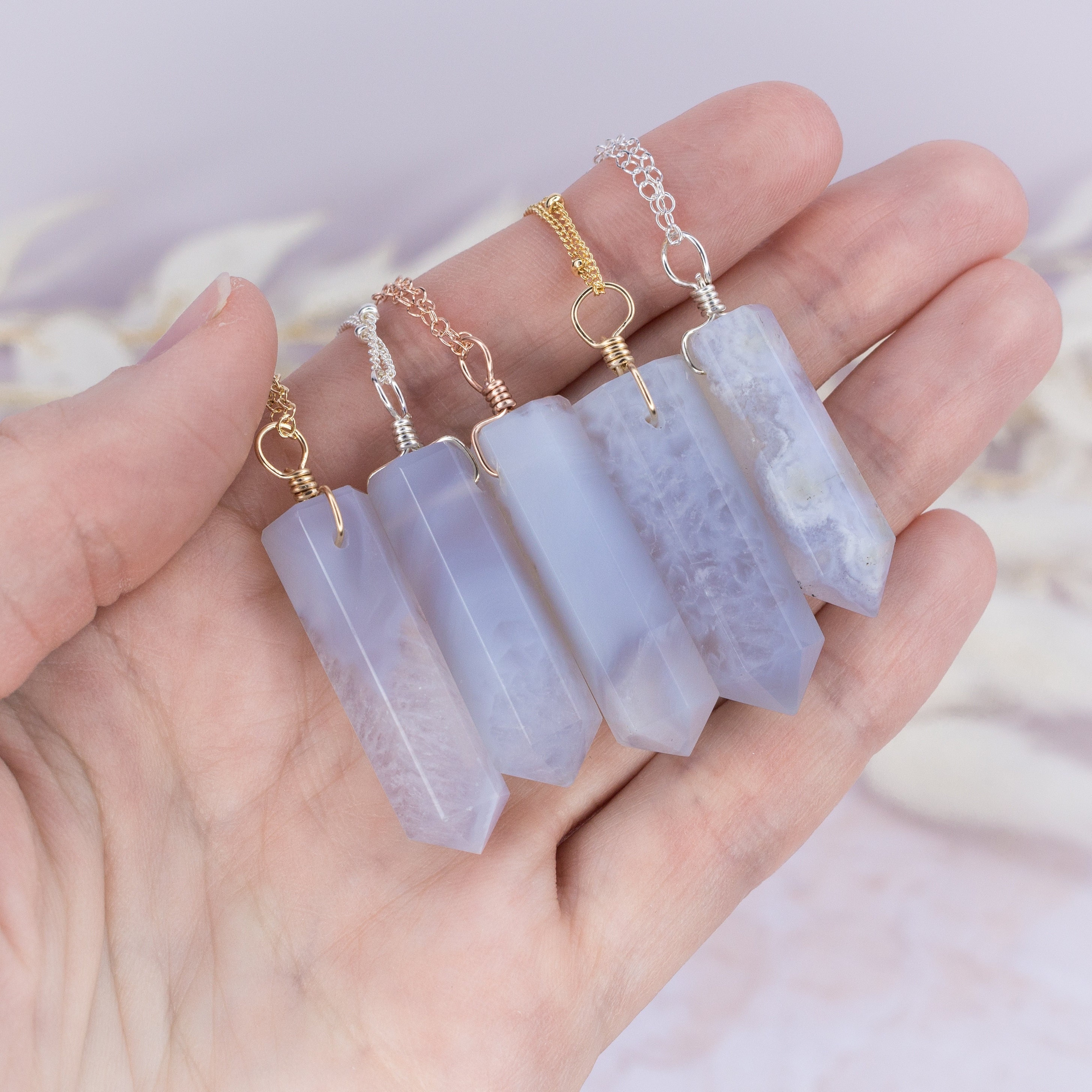 Large Blue Lace Agate Crystal Generator Point Pendant Necklace. Natural Gemstone Jewellery Gift For Her. Real Stone Agate Necklace For Women