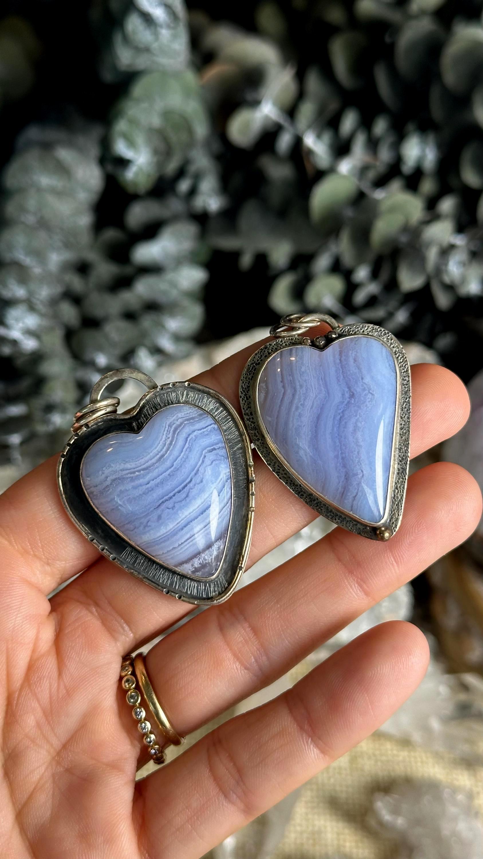 Blue Lace Agate Pendant Necklace: Sterling Silver, Heart Statement Necklace