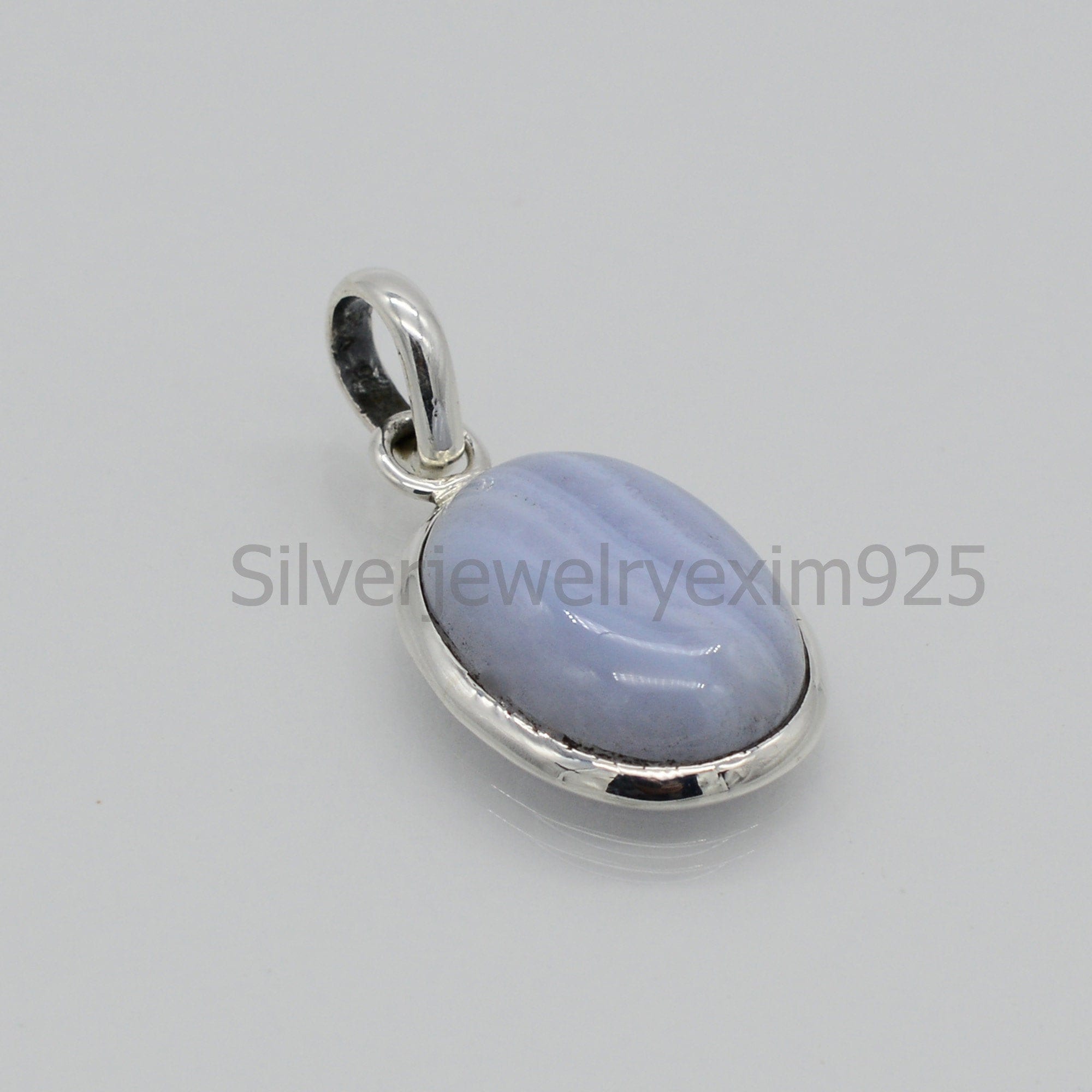 Blue Lace Agate Pendant: Oval Sterling Silver Necklace (15x20 Mm) Blue Lace Agate Pendant: Oval Sterling Silver Necklace (15x20 Mm)