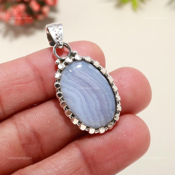 Blue Lace Agate Pendant: Oval Gemstone, 925 Sterling Silver
