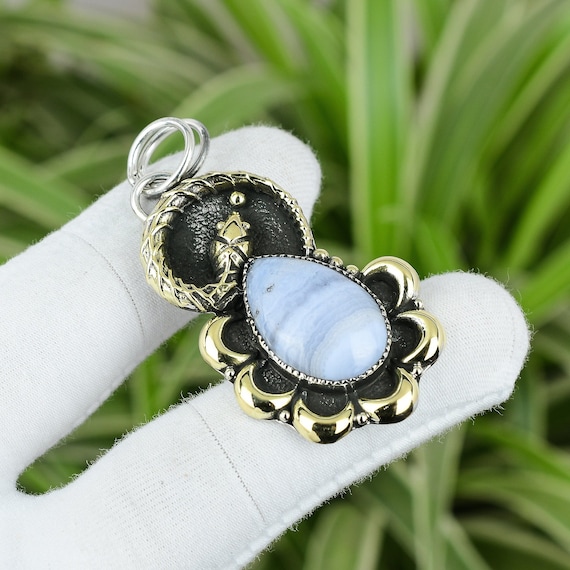 Blue Lace Agate Pear Pendant: 925 Sterling Silver, 18k Gold Plated