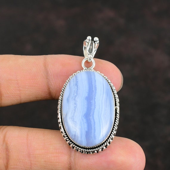 Blue Lace Agate Sterling Silver Pendant - Handmade Oval Gemstone Jewelry