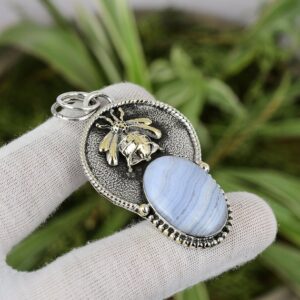 Blue Lace Agate Pendant: Sterling Silver, 18K Gold Plated Spider, Handmade Boho Jewelry Blue Lace Agate Pendant: Sterling Silver, 18K Gold Plated Spider, Handmade Boho Jewelry