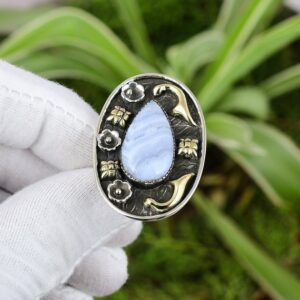 Blue Lace Agate Ring: 18K Gold & Sterling Silver, Adjustable Handmade Jewelry Blue Lace Agate Ring: 18K Gold & Sterling Silver, Adjustable Handmade Jewelry