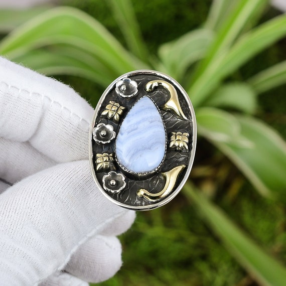 Blue Lace Agate Ring: 18k Gold & Sterling Silver, Adjustable Handmade Jewelry