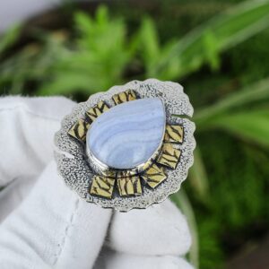 Blue Lace Agate Ring: 925 Sterling Silver, 18K Gold Plated, Adjustable Blue Lace Agate Ring: 925 Sterling Silver, 18K Gold Plated, Adjustable