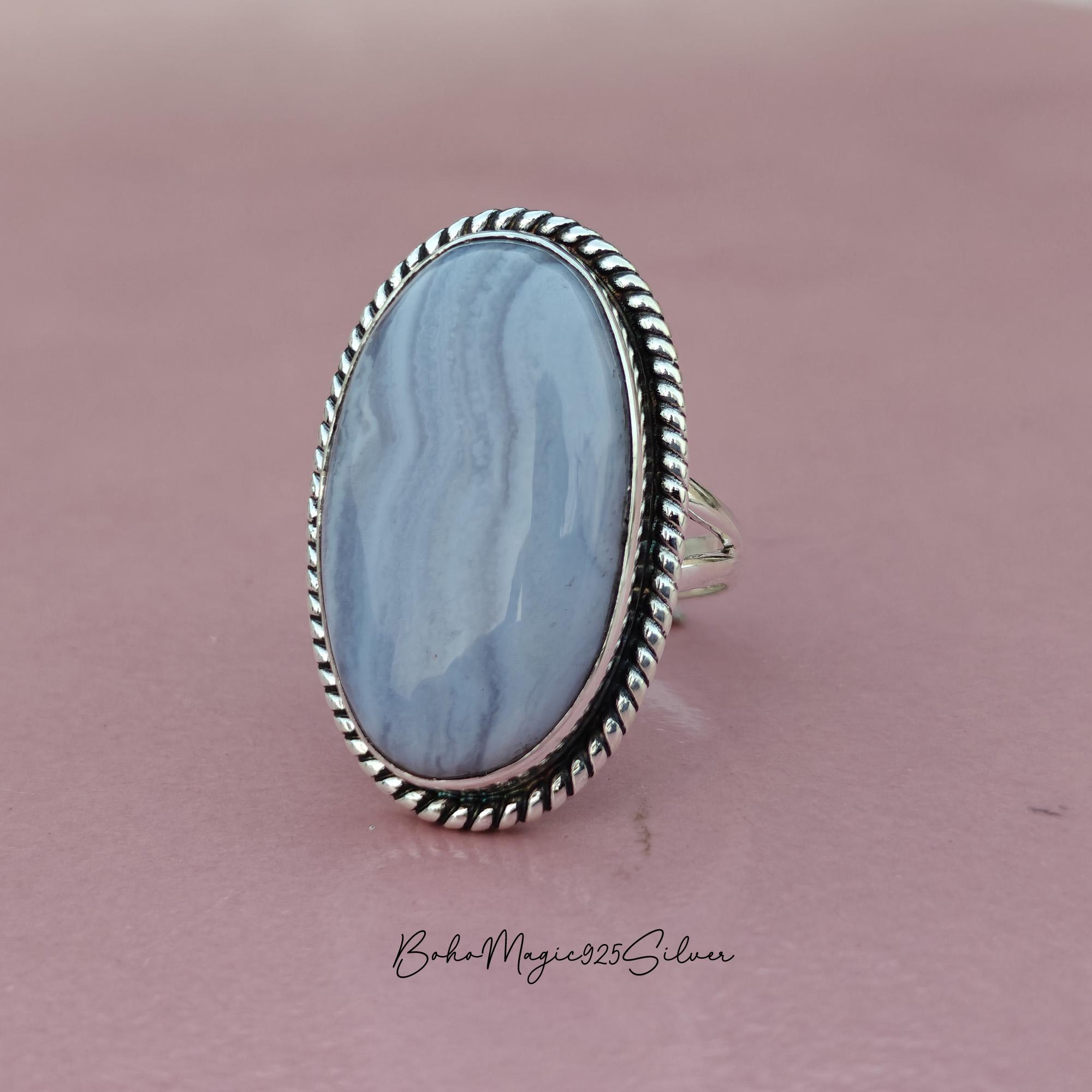Blue Lace Agate 925 Sterling Silver Ring: Handcrafted Boho Jewelry