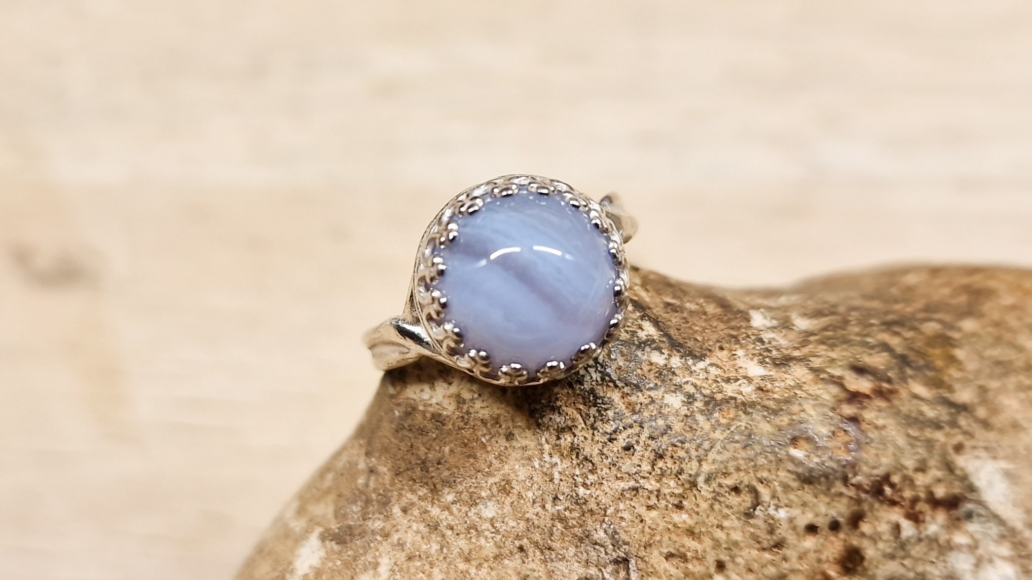 Blue Lace Agate Ring. 925 Sterling Silver. Reiki Jewelry. Women's Adjustable Ring Uk. Pisces Jewelry. Round 10mm Stone