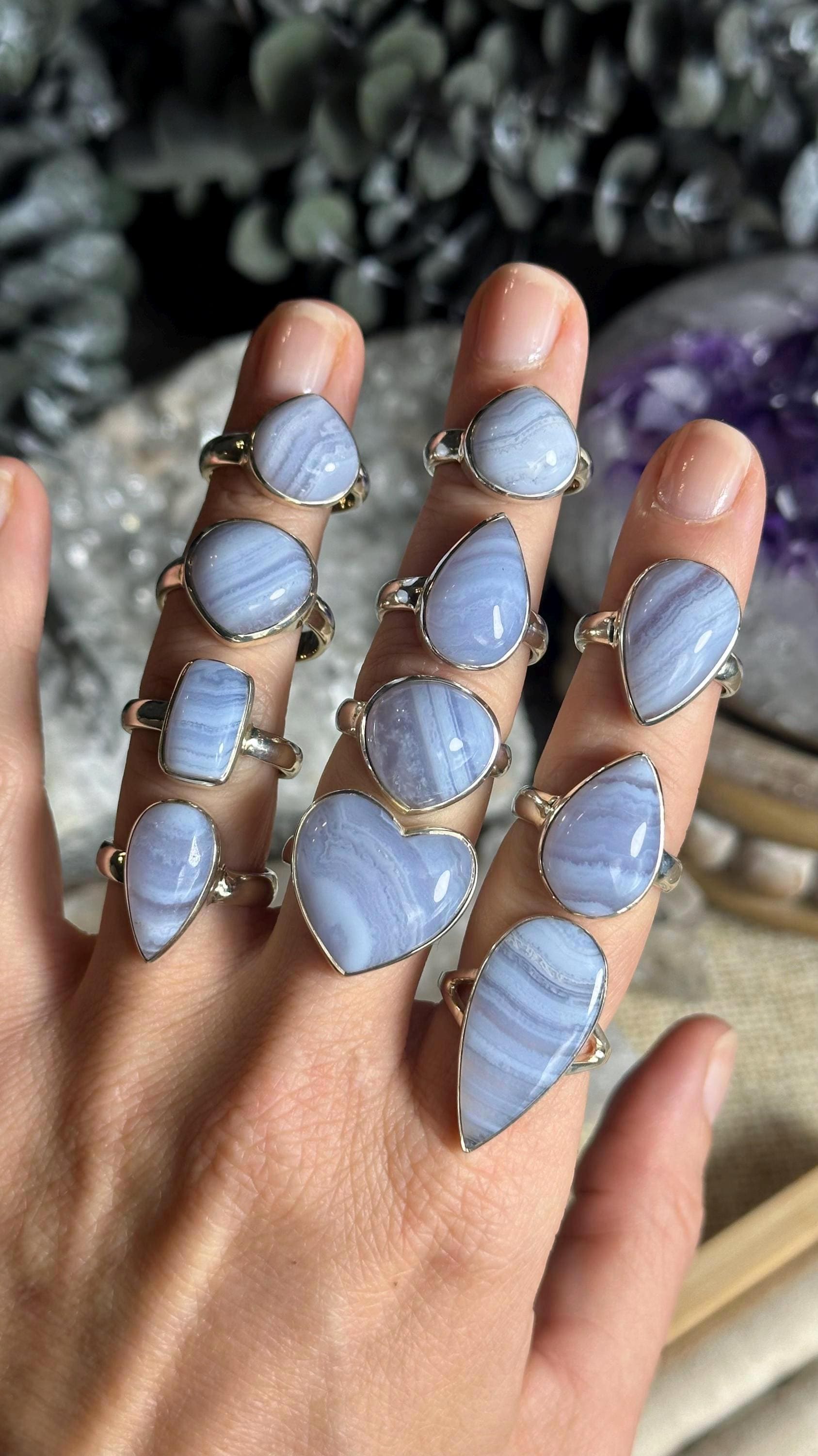 Blue Lace Agate Ring, .925 Sterling Silver, Minimalist, Statement, Fitted