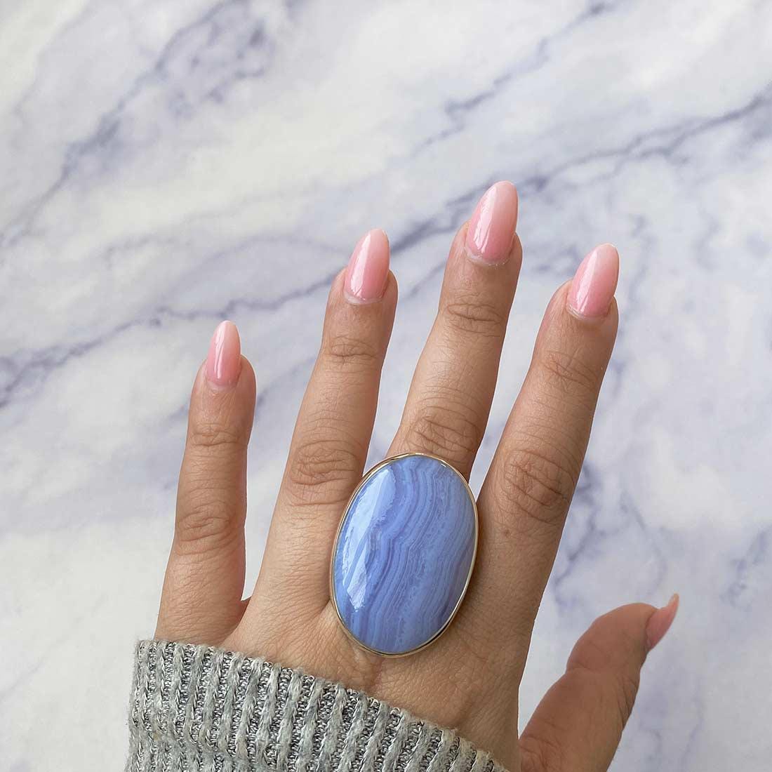 Blue Lace Agate Adjustable Ring / 925 Sterling Silver / Healing Gemstone / Gifts For Her / Oval Cab / Blue Agate Statement Ring / Bla-r-37.