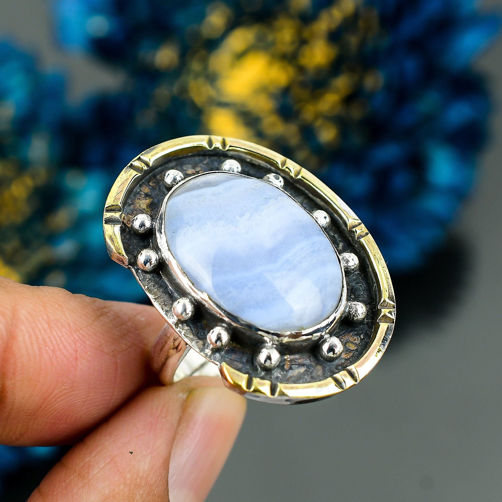 Blue Lace Agate Adjustable Ring / 925 Sterling Silver / Healing Gemstone / Gifts For Her / Oval Cab / Blue Agate Statement Ring / Bla-r-40.