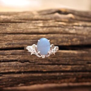 Blue Lace Agate Engagement Ring For Women 14k Gold Cabochon Gemstone Ring Oval Shape Lace Agate Wedding Ring Unique Floral Design Ring