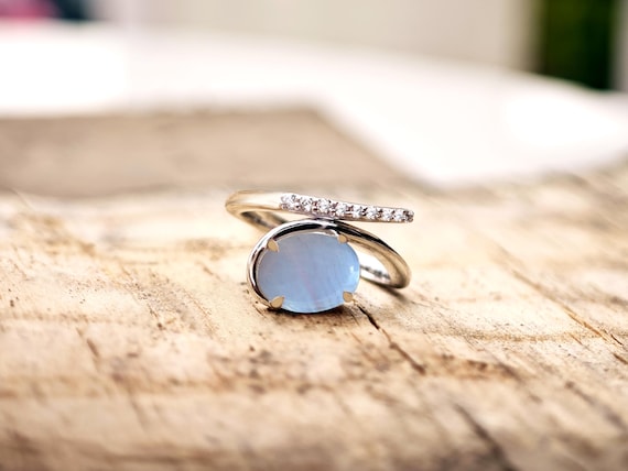 Blue Lace Agate Gemstone Ring · Sterling Silver Real Stone Ring · Agate Silver Engagement Ring · Stacking Ring With Natural Stone