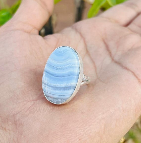 Genuine Blue Lace Agate Ring, 925 Sterling Silver, Wedding Ring, Valentines Gift