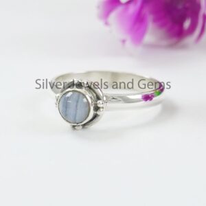 Blue Lace Agate Ring: Handmade 925 Sterling Silver, Dainty Round Gemstone
