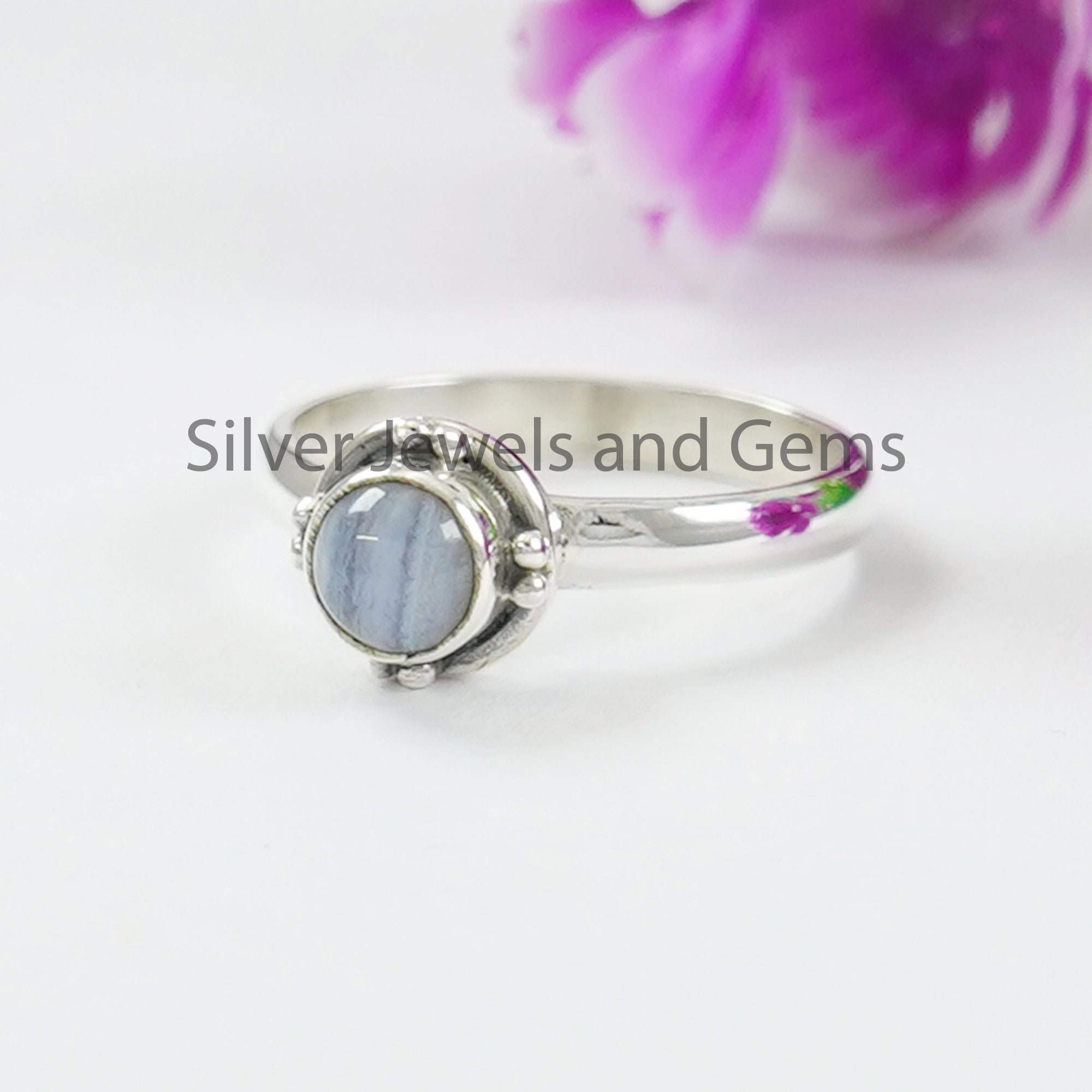 Blue Lace Agate Ring: Handmade 925 Sterling Silver, Dainty Round Gemstone