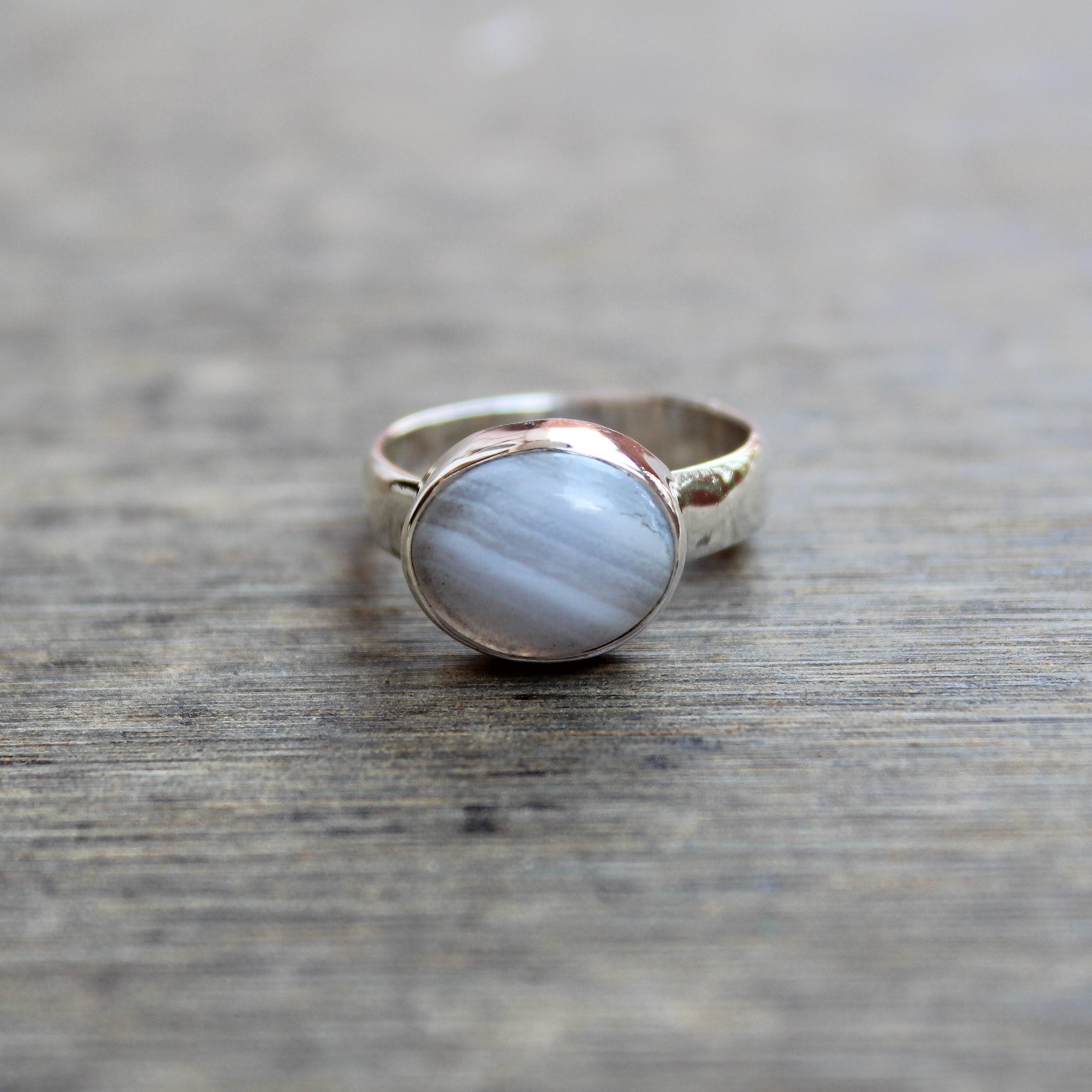 Handmade Sterling Silver Blue Lace Agate Ring: Oval Gemstone