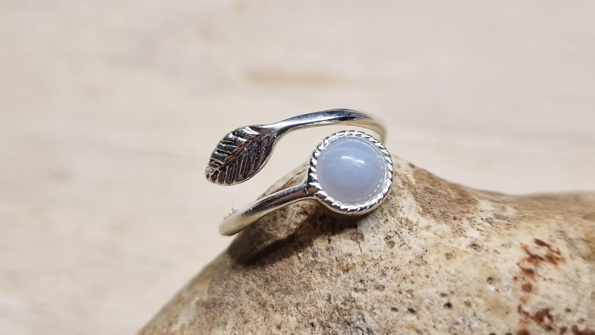 Blue Lace Agate Leaf Ring. Size N 925 Sterling Silver. Reiki Jewelry. Women's Ring Uk. Pisces Jewelry. Round 6mm Stone