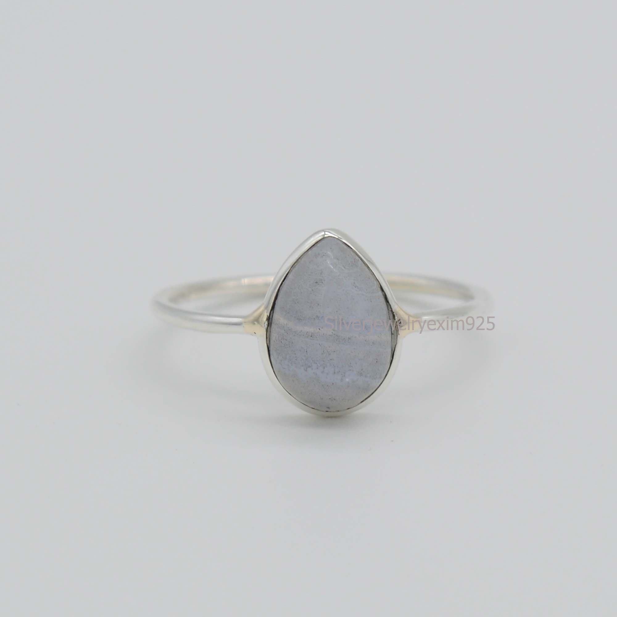 Pear Blue Lace Agate Ring: 925 Sterling Silver Dainty Handmade Ring