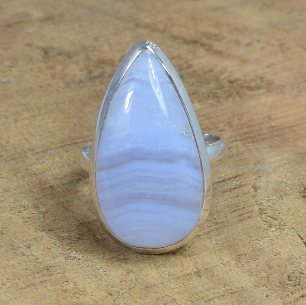 Blue Lace Agate Pear Ring: Handmade 925 Sterling Silver Jewelry