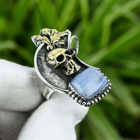Blue Lace Agate Skull Ring: 925 Sterling Silver, 18k Gold Plated, Adjustable