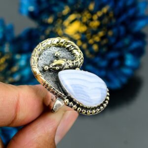 Blue Lace Agate Snake Ring: 925 Sterling Silver Adjustable Gemstone Ring Blue Lace Agate Snake Ring: 925 Sterling Silver Adjustable Gemstone Ring