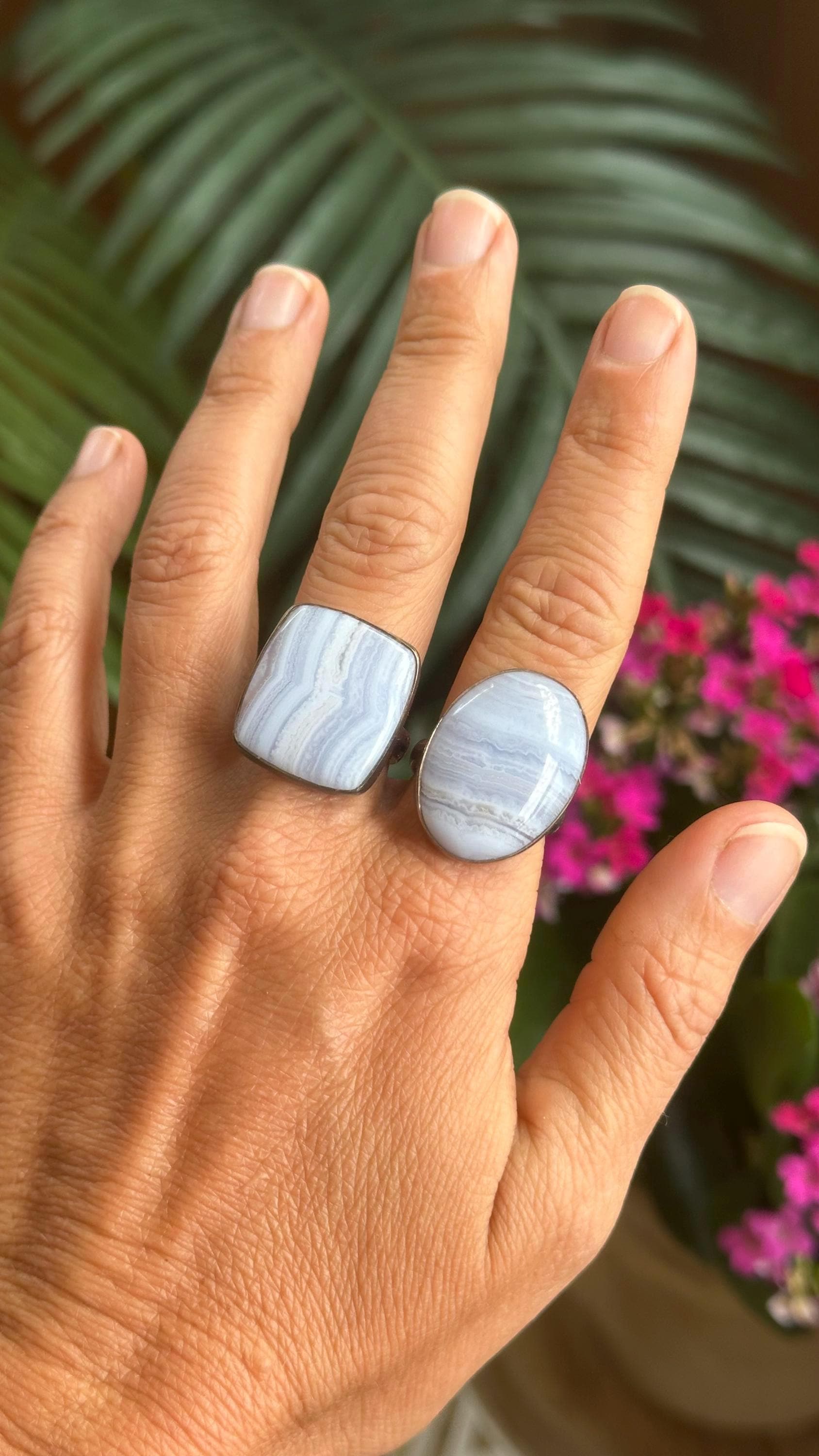 Statement Blue Lace Agate Adjustable Ring, 925 Sterling Silver