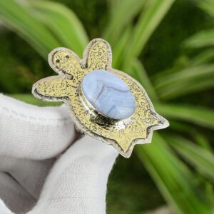 Blue Lace Agate Turtle Ring: 925 Sterling Silver, 18K Gold Plated, Adjustable Blue Lace Agate Turtle Ring: 925 Sterling Silver, 18K Gold Plated, Adjustable