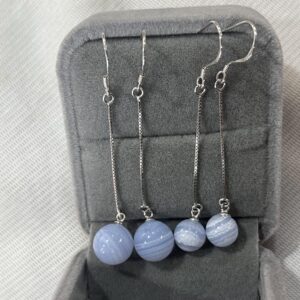 Blue Lace Agate 8mm - 10mm Round Genuine Gemstone Dangle & Drop Earrings With 925 Sterling Silver Accessory (Hook,Chain)---1 Pair (2pcs)