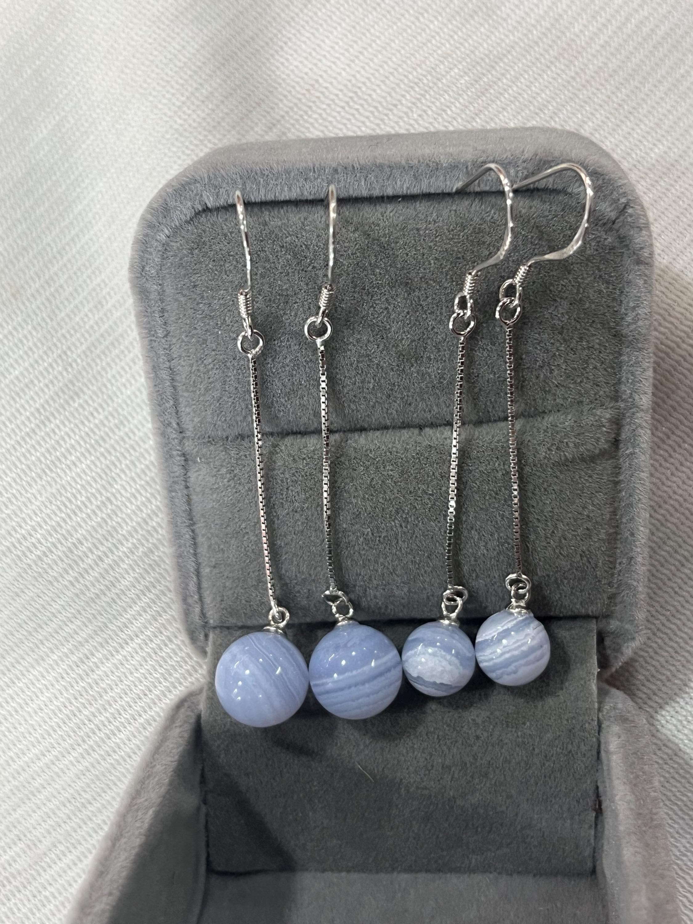 Blue Lace Agate 8mm - 10mm Round Genuine Gemstone Dangle & Drop Earrings With 925 Sterling Silver Accessory (hook,chain)---1 Pair (2pcs)