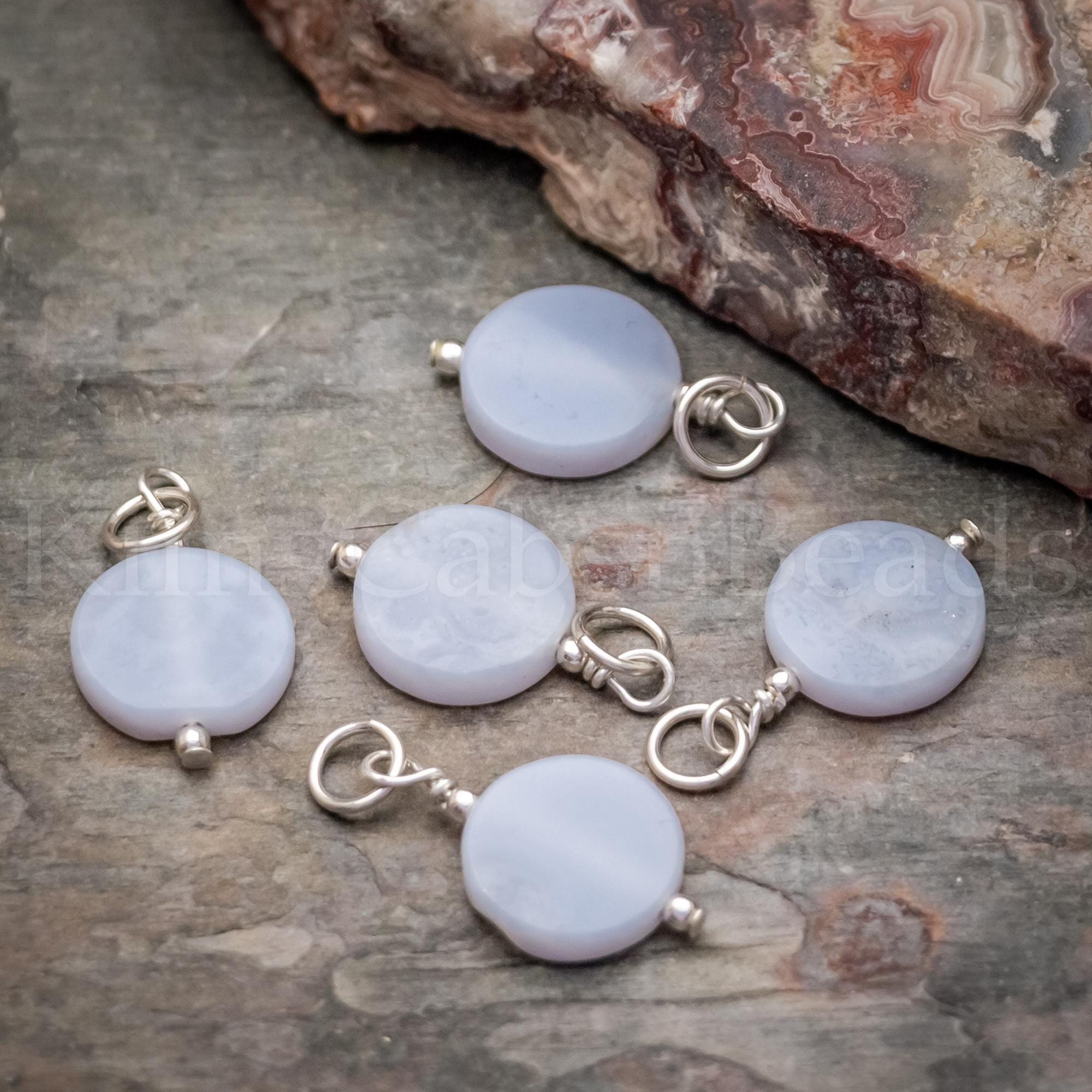 Blue Lace Agate Coin Bead Gemstone Sterling Silver Charm Link - One Piece
