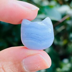 Blue Lace Agate Crystal Cat (1) Natural Gemstone Kitten Ears Face Carved Stone Mini XXS Crystal Kitty