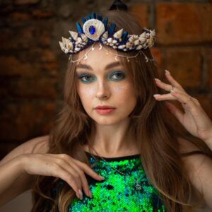 Blue Mermaid crown, half moon headpiece. Crystal crown. Wedding Shell crown. Burning man
