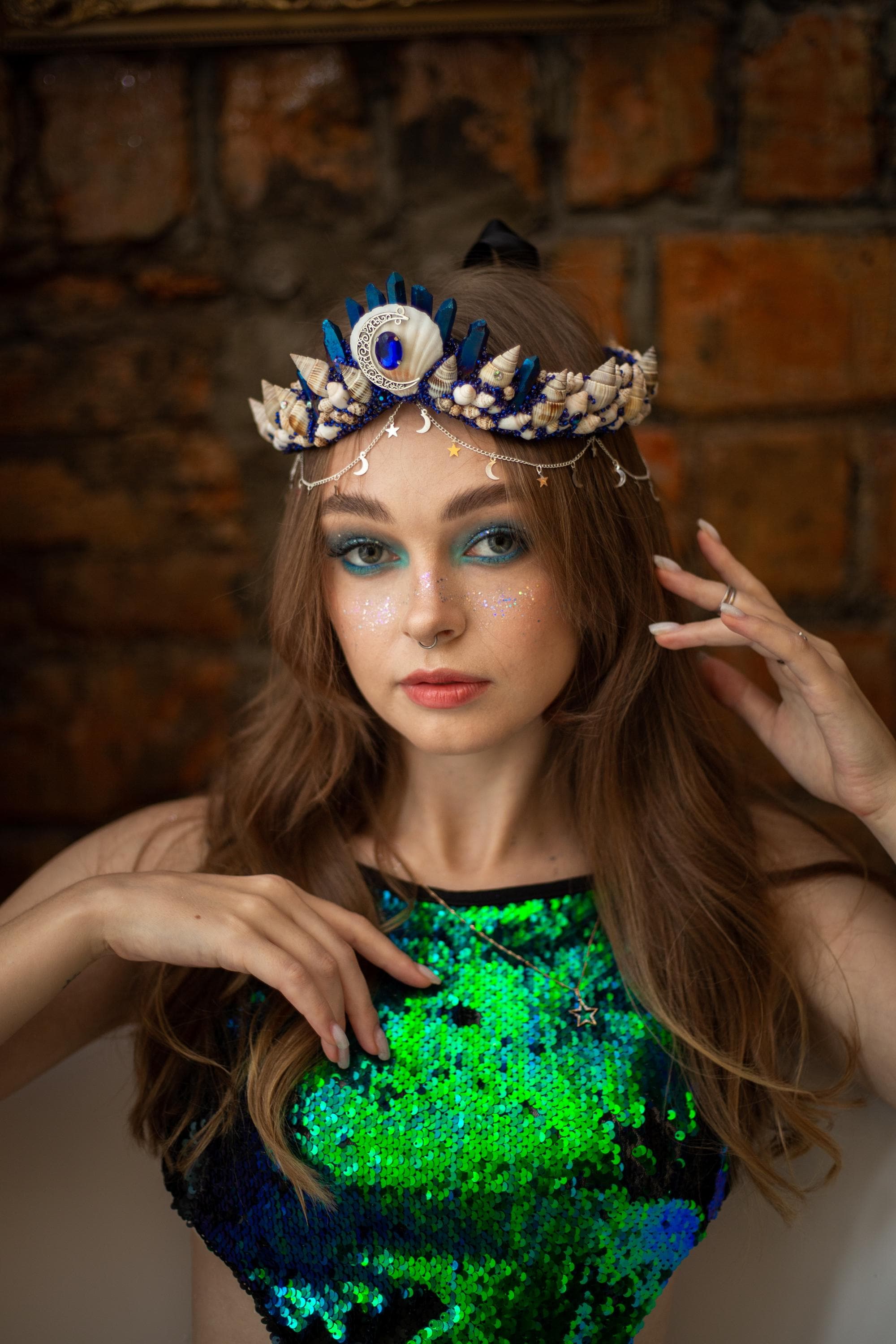 Blue Mermaid Crown, Half Moon Headpiece. Crystal Crown. Wedding Shell Crown. Burning Man