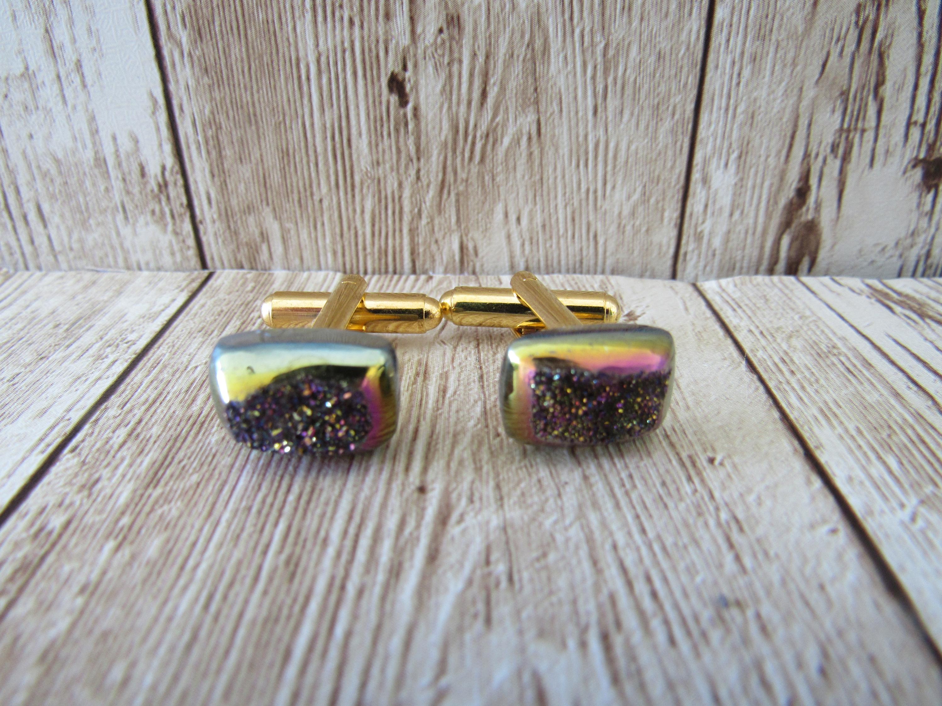 Blue Titanium Druzy Cufflinks Gemstone Cuff Links Crystal Wedding Cl93
